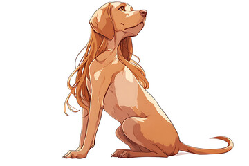 Elegant dog with flowing hair sitting gracefully, a whimsical blend of canine charm and human-like beauty, perfect for fantasy art and design projects