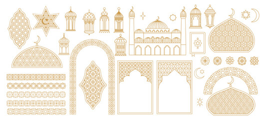 Naklejka premium Ramadan ornament elements and arab islam arabesque, oriental muslim art patterns set. Vector arabian gold line geometric ornament frame borders, ramadan lanterns and mosque arches ornament elements
