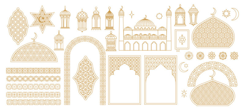 Ramadan ornament elements and arab islam arabesque, oriental muslim art patterns set. Vector arabian gold line geometric ornament frame borders, ramadan lanterns and mosque arches ornament elements - Powered by Adobe