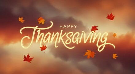 Happy Thanksgiving Text with Autumn Leaves and Cloudy Sky Background