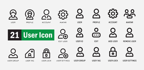 Simple user icon set with profile account avatar edit add group lock settings symbols