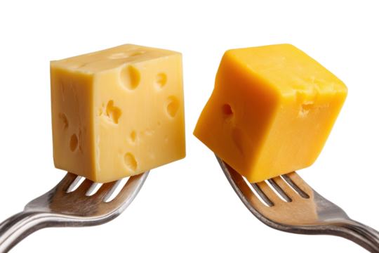 Two cheese cubes pierced by forks against a black background food dairy, Isolated On White Background, Png Transparent