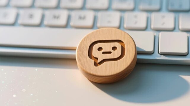 Wooden token featuring chat icon beside keyboard symbolizes integration of AI power in developer workspace, intelligent suggestion and search capabilities