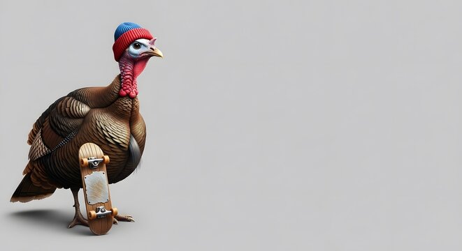 Cartoon Turkey Wearing Knit Hat Standing on Skateboard with Light Gray Background - Powered by Adobe