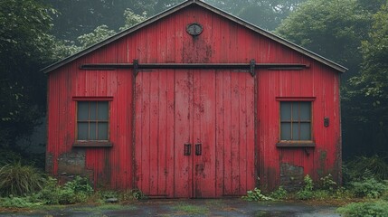 Red barn in misty forest
