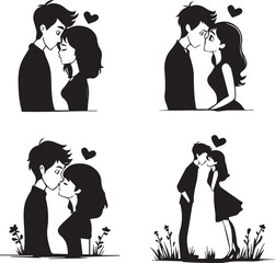 Romantic couple silhouettes embracing sweet romantic moments in artistic black and white 