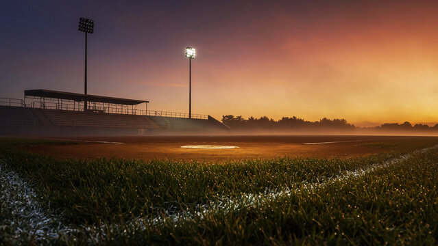 A baseball field at dawn with stadium lights on, casting a warm glow over the misty grass and grandstand.
