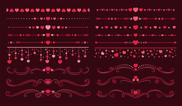 Love heart dividers, frame lines and borders, vector Valentine Day, wedding and marriage. Vintage victorian flourish, scrolls and swirls with red hearts, stars and arrows. Valentines card dividers set