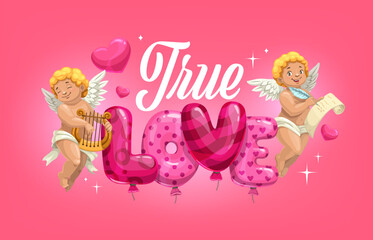 Valentines day greeting card with true love quote and cherub cupids. Romantic holiday vector flyer, Saint Valentine day poster. Love party greeting card with cupid playing on harp, writing letter