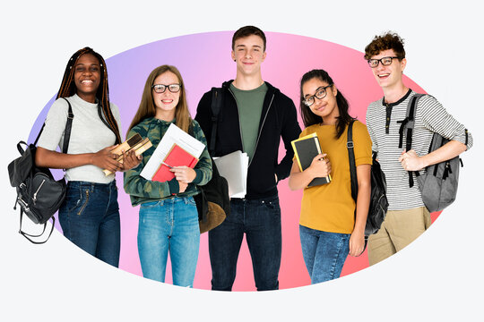 Happy & diverse high school students, badge design