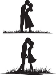 Romantic couple silhouettes embracing sweet romantic moments in artistic black and white 