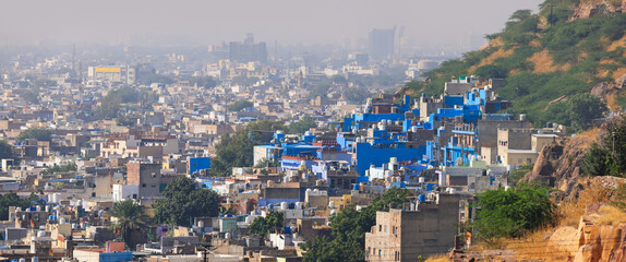 Panoramic view of Jodhpur cityscape in morning haze, Also known as Blue city of India.