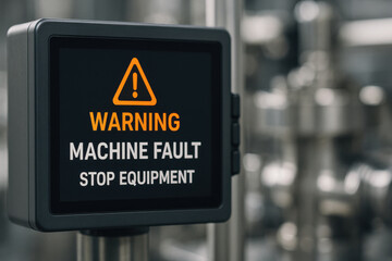 Urgent warning message on digital screen displaying machine fault. critical alert to stop equipment for safety in an industrial automation system, conveying sense of urgency