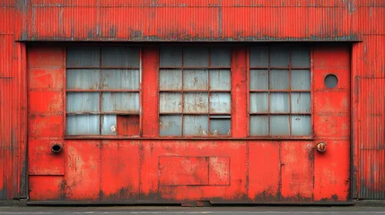 Fotobehang Oude verlaten gebouwen Red corrugated metal facade with weathered windows  © RONNY