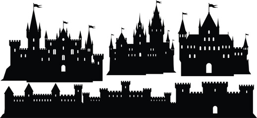 Naklejka premium Collection of Black Silhouette Castles and Fortifications on White Background Keywords: castle, fortress, medieval, architecture