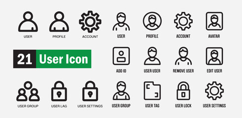 Comprehensive user icon set with outline style for profile and account related functions
