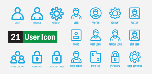 Set of 21 user icon designs in blue outline for various digital interface elements