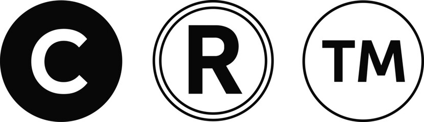 Copyright Trademark And Registered Symbols In Solid Black And Outline vector illustration