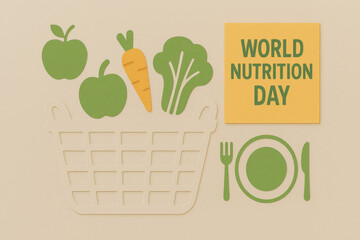 World Nutrition Day poster for healthy eating awareness. paper cut silhouette style shows vegetable basket with an apple and carrot, promoting clean, mindful diet