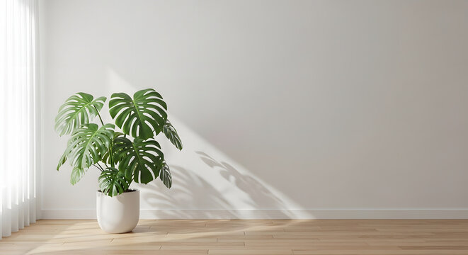 Minimalist Monstera Plant in Bright Room with Sunlight Shadows Background - Powered by Adobe