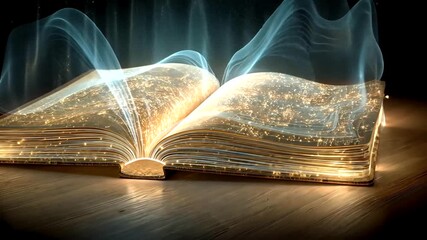Magical animated open book with glowing sparkles and mystic blue light effects visualized as a