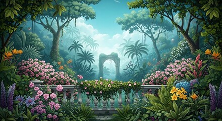 Traditional Mughal garden scene in Pichwai style featuring peacock and arches, designed for wallpaper