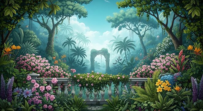 Traditional Mughal garden scene in Pichwai style featuring peacock and arches, designed for wallpaper - Powered by Adobe