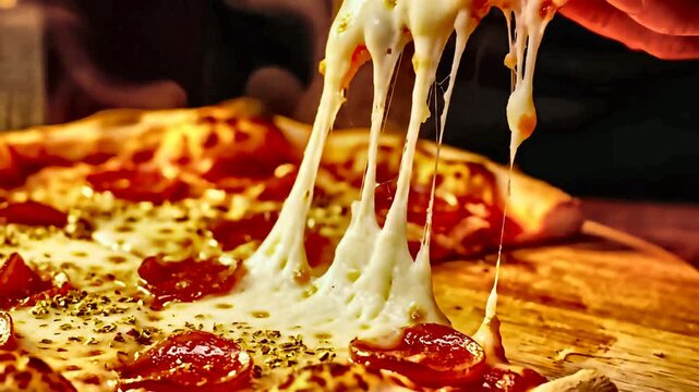 4K ultra-realistic close-up footage of a hot pepperoni pizza slice being lifted with an extreme cheese pull. Melting mozzarella stretches smoothly with steam rising, showcasing appetizing food texture