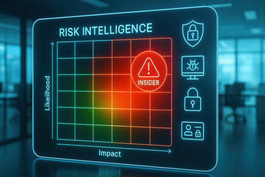 Risk intelligence heatmap on sleek panel displaying critical red insider alert. An analytic grid for cybersecurity measures impact and likelihood in professional office