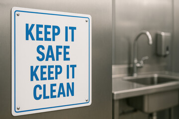 Motivational sign with safety message for hygiene and sanitation. Encouragement for workplace compliance, positive reminder to keep station clean for health