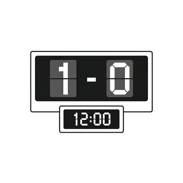 Digital flip scoreboard displaying 1-0, bold line vector, black grey white, sports match time and score