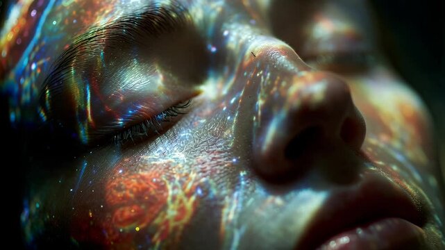 Colorful Galaxy Light Projecting on a Womans Peaceful Face in Extreme Closeup