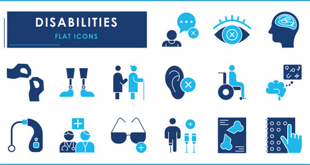 A set of Flat icons related to Disabilities. Blindness, hearing problem, voice, mental illness, robotic legs, elderly, braille, and so on. Vector editable stroke.