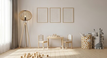 Mock up frame in children room, light cozy interior with wooden crib, 3D render