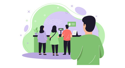 A vector illustration depicts people waiting in line at a counter, symbolizing customer service, retail transactions, and the general flow of people in a business.