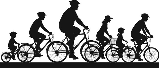 Black silhouette family riding bicycles together on white background cycling
