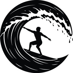 Black silhouette of a surfer riding a wave in a circular design surfing ocean