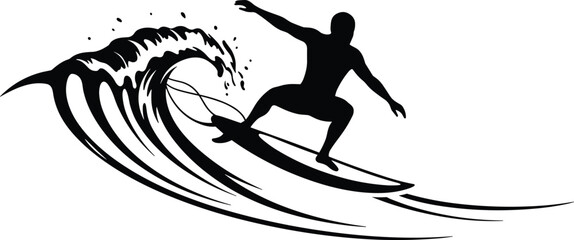 Black silhouette of a surfer riding a wave with water splashes surfing ocean