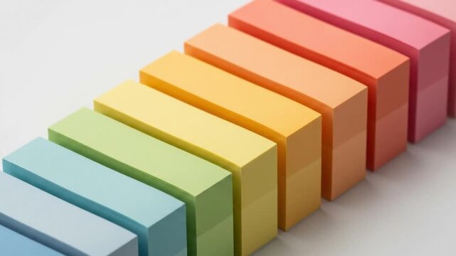 Colorful sticky notes arranged in a diagonal line against white background