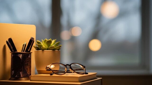 Desk arrangement with stationery eyeglasses and decorative succulent plant