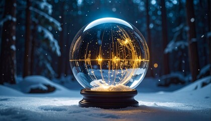 Luminous Snow Globe with Golden Light Strands in a Snowy Forest at Night