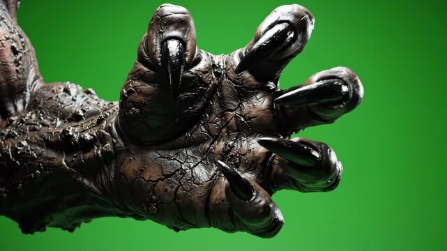 Monster claw reaching out with green background Scary, and horror.