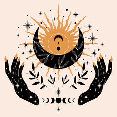 Boho crescent and woman hand. Alchemy esoteric magic space. Elegant illustration.