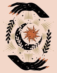 Boho illustration with crescent and woman hand. Alchemy esoteric magic space. Elegant illustration.
