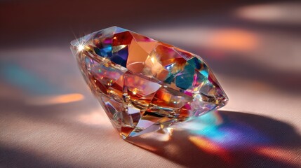 Luminous Cut Glass Diamond Reflecting Colors on Soft Background