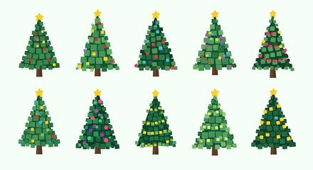 Set of Christmas Trees with Lights and Ornaments