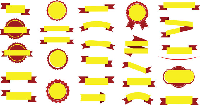 Collection of Yellow and Red Ribbons and Seals for Design banner label