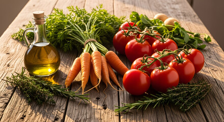 Fresh Ingredients for Healthy Cooking: Tomatoes, Carrots, Herbs, and Olive Oil on Rustic Wood