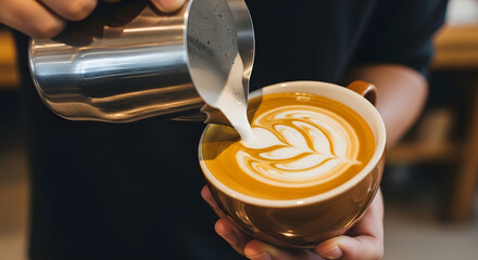 Close-up of Barista Pouring Milk to Create Latte Art in a Brown Ceramic Mug
