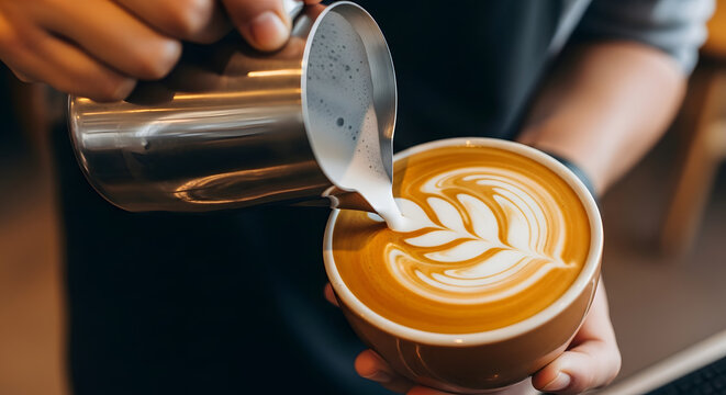 Professional Barista Creating Detailed Latte Art 'Rosetta' in a Clay-Colored Coffee Mug